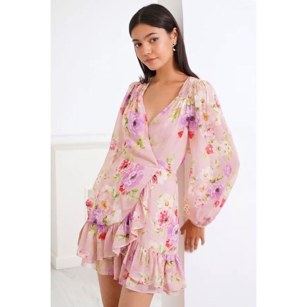 Yumi Kim Gwen Pink Floral V-Neck Long Sleeve Ruffle Wrap Mini Dress Medium